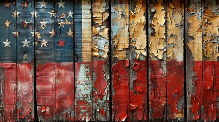 The US flag depicted as a faded mural on weathered wooden planks from an old coastal shack, blending with the natural patina.