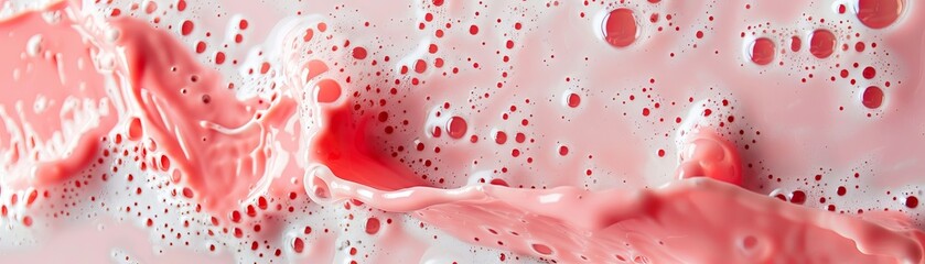 Surreal slow motion shot of watermelon pulp and milk blending, framed with significant negative space for creative layouts