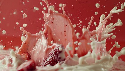 Surreal slow motion shot of strawberry pulp mixing with milk, framed with significant negative space for creative ad layouts