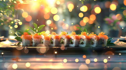 Close up of delicious sushi roll garnished with sesame seeds with bluishind light background
