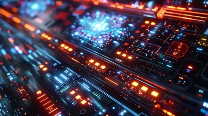 Obraz premium The US flag designed as a part of a space station's control panel, with touch-activated stripes and a holographic star interface.