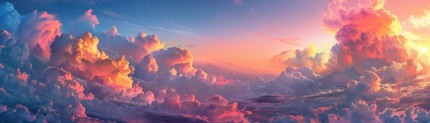 A dramatic skyscape featuring an assortment of fluffy clouds during a vibrant sunset, with pink and orange hues - Powered by Adobe
