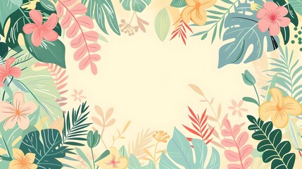 Fototapeta premium Vibrant Tropical Foliage Frame with Colorful Lush Floral Leaves and Botanical Patterns in Summer Nature Background