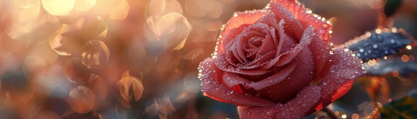 A closeup of a dewcovered rose at sunrise, with droplets sparkling in the morning light