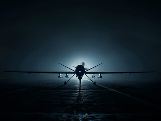 A military aircraft sits on the runway at night. - Powered by Adobe