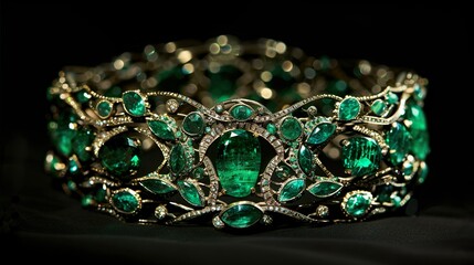 An emerald bracelet, with multiple emeralds set in an elegant and intricate design.