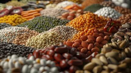 Fototapeta premium Diverse Array of Nutritious Plant Based Protein Sources in Vibrant Organic Display