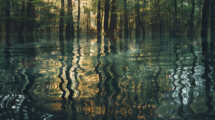 abstract water movement amidst forest silence, with a lone tree standing tall in the foreground