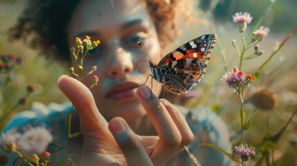 The close up picture of the person holding the butterfly on the finger that has been surrounded with the plant and the nature in the springtime of the year under the bright light from the sun. AIG43.
