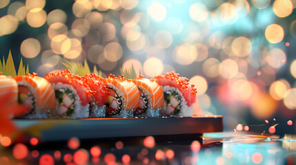 Sushi Platter against a modern sushi bar setting Gastronomy Foodie with lighting and blurred background
