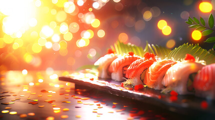 Pieces of delicious japanese sushi frozen in the air Dining Culinary with lighting and blurred background
