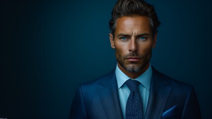 African-American Male fashion model - fashion shoot - wearing a high-end business suit - quirky charm - eccentric vibe - intense expression - magazine shoot - blue background 