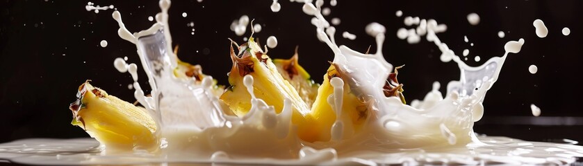 Dynamic slow motion shot of pineapple slices hitting the surface of milk, framed with expansive black negative space - Powered by Adobe