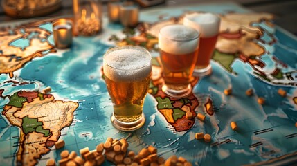Beer Glasses on World Map Celebrating and Adventure