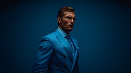 Fototapeta premium Male fashion model - fashion shoot - wearing a high-end business suit - quirky charm - eccentric vibe - intense expression - magazine shoot - blue background 