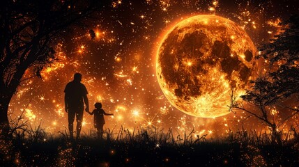 Obraz premium Aurora, rear view of father and child holding hands, back view, silhouette, happy father's day，Silhouette of Happy Father and Child Holding Hands in Serene Back View | 4K HD Wallpaper