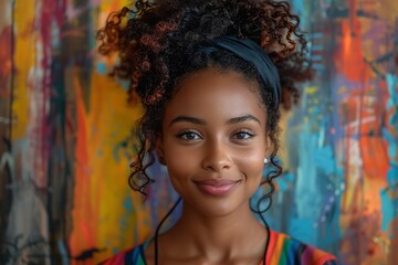 "Smiling African American Businesswoman in Wheelchair Poses in Front of Rainbow Pride Mural: Celebrating Black History Month. Black Woman with Disability Embraces Inclusion and Diversity"