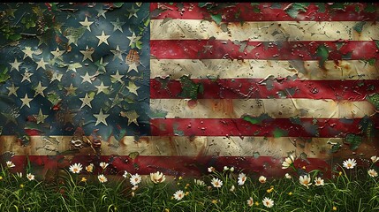 The US flag reimagined with green plant elements, with stripes made of lush grass and stars of blooming white flowers, promoting sustainability.