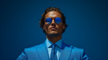 Obraz premium Male fashion model - fashion shoot - wearing a high-end business suit - quirky charm - eccentric vibe - intense expression - magazine shoot - blue background 