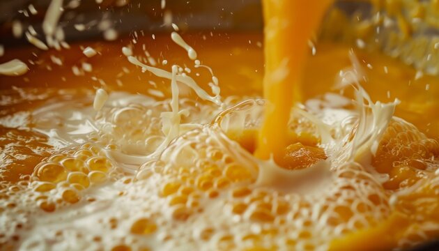 Detailed slow motion footage of pumpkin soup being ladled into milk, designed with a wide negative space border for text placement