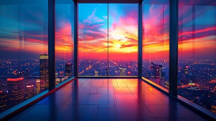 Vibrant city sunset viewed from a modern glass building