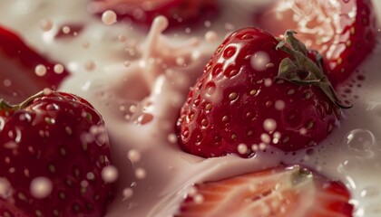 Closeup slow motion video of strawberries and milk blending, focusing on the contrast and textures against a neutral background