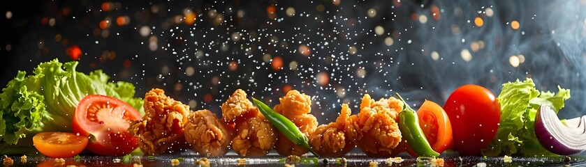 Delicious crispy chicken, cooked to perfection, served warm and incredibly appetizing, with a side of potato fries, sliced onions, sliced chilies, sliced peppers, and sliced tomatoes, presented on a w