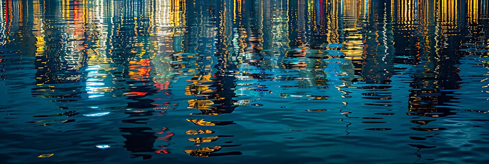 cityscape reflections in the water a row of buildings, a bridge, and a tall building in the distance, set against a clear blue sky - Powered by Adobe