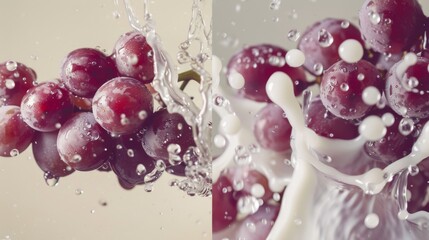 Closeup slow motion video of grapes and milk blending, focusing on the contrast and textures against a neutral background
