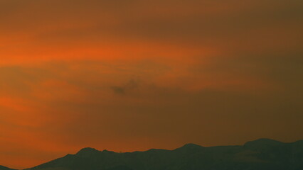 Sunrise In Mountains. Sunlight Landscape. Vibrant Dramatic Sky On Sunrise. Still.