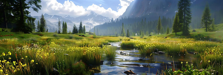 crystalline streams in alpine meadows surrounded by tall green trees and a white cloud, with a brown duck in the foreground - Powered by Adobe