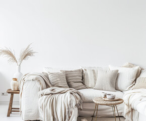 Minimalist interiors design with a sofa, natural elements decor and copyspace for text