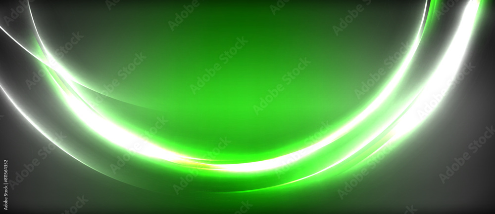 Poster A mesmerizing neon green and electric blue wave flows on a sleek black canvas, creating a symmetrical pattern enhanced by visual effect lighting and lens flare technology
