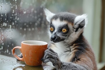 Naklejka premium A beautiful lemur sits and drinks a cup of coffee in glamour.