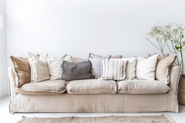 Minimalist interiors design with a sofa, natural elements decor and copyspace for text