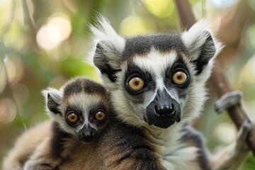Obraz premium A mother lemur with her little baby lemur in the jungle.