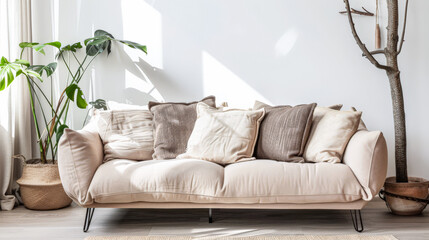Minimalist interiors design with a sofa, natural elements decor and copyspace for text