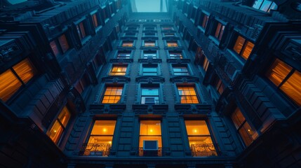 Fototapeta premium Warmly lit classic building facade viewed from below