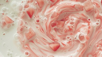 Abstract slow motion scene of watermelon seeds swirling in milk, centered in frame with significant negative space for text