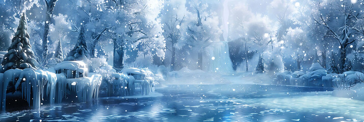 frozen wonderland featuring a serene body of water surrounded by snow - covered trees - Powered by Adobe