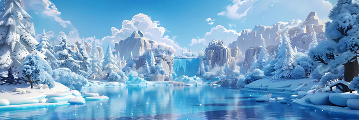 frozen wonderland featuring snow - covered trees, a serene blue water body, and a fluffy white cloud