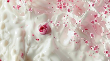 Abstract slow motion scene of rose apple seeds swirling in milk, centered in frame with ample negative space for design flexibility