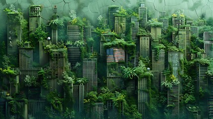 A conceptual US flag on an eco-friendly cityscape, with green building facades forming stripes and rooftop gardens as stars.