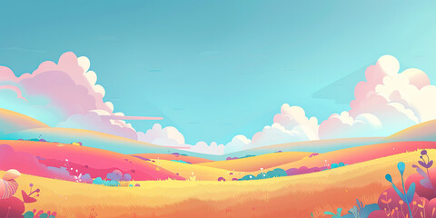 Cartoon style field landscape background, vibrant beautiful minimal wide banner backdrop Summer season, generated ai