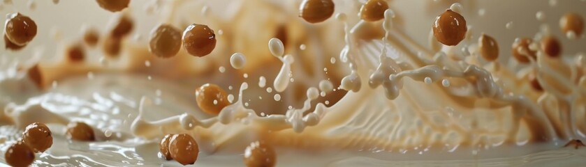 Abstract slow motion scene of longan seeds swirling in milk, centered in frame with ample negative space for text placement
