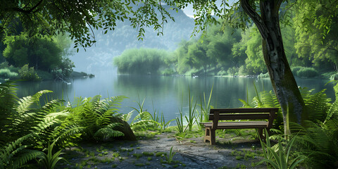Fototapeta na wymiar Empty Park Bench Overlooking a Serene Lake in Lush Greenery. 