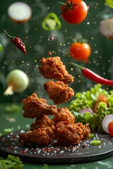Delicious crispy chicken, cooked to perfection, served warm and incredibly appetizing, with a side of potato fries, sliced onions, sliced chilies, sliced peppers, and sliced tomatoes, presented on a w