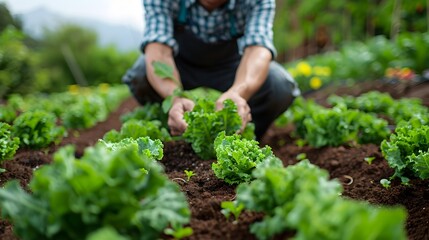 Focused Gardener Tending Organic Vegetable Farm in Lush Outdoor Setting
