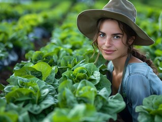 Female Gardener Tending to Organic Vegetable Crops in Lush Greenhouse