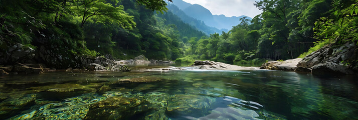 mountain spring serenity captured in a serene river surrounded by lush green trees under a cloudy blue sky - Powered by Adobe